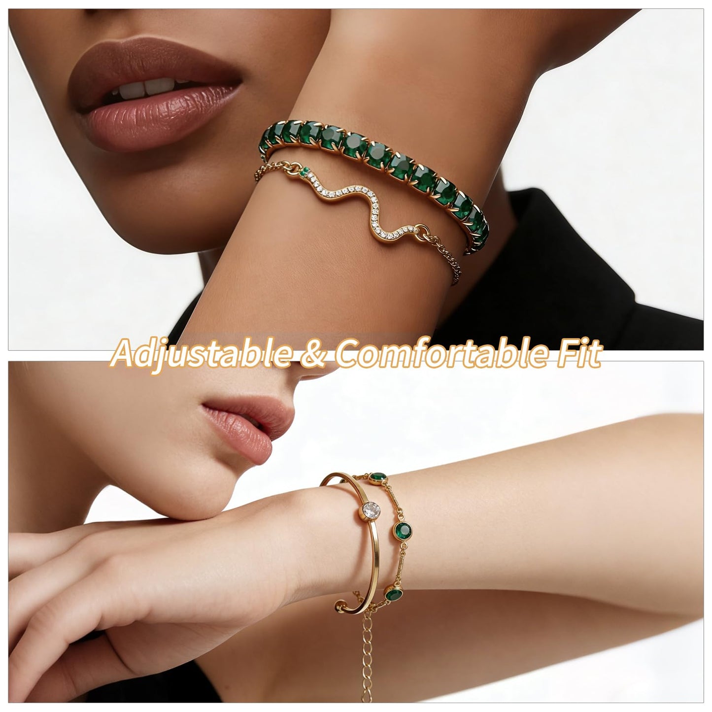 VEINARDYL Gold Birthstone Bracelets for Women, Green Birthstone Layered Jewelry Cuff Gold Plated Bangles, Open Adjustable Bracelets Fashion Accessories Jewelry Set for Mothers Day Gifts