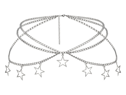 Goth Y2K Star Chain Belt for Women – Adjustable Silver-tone Waist Chain, Punk Emo Grunge Aesthetic Body Jewelry