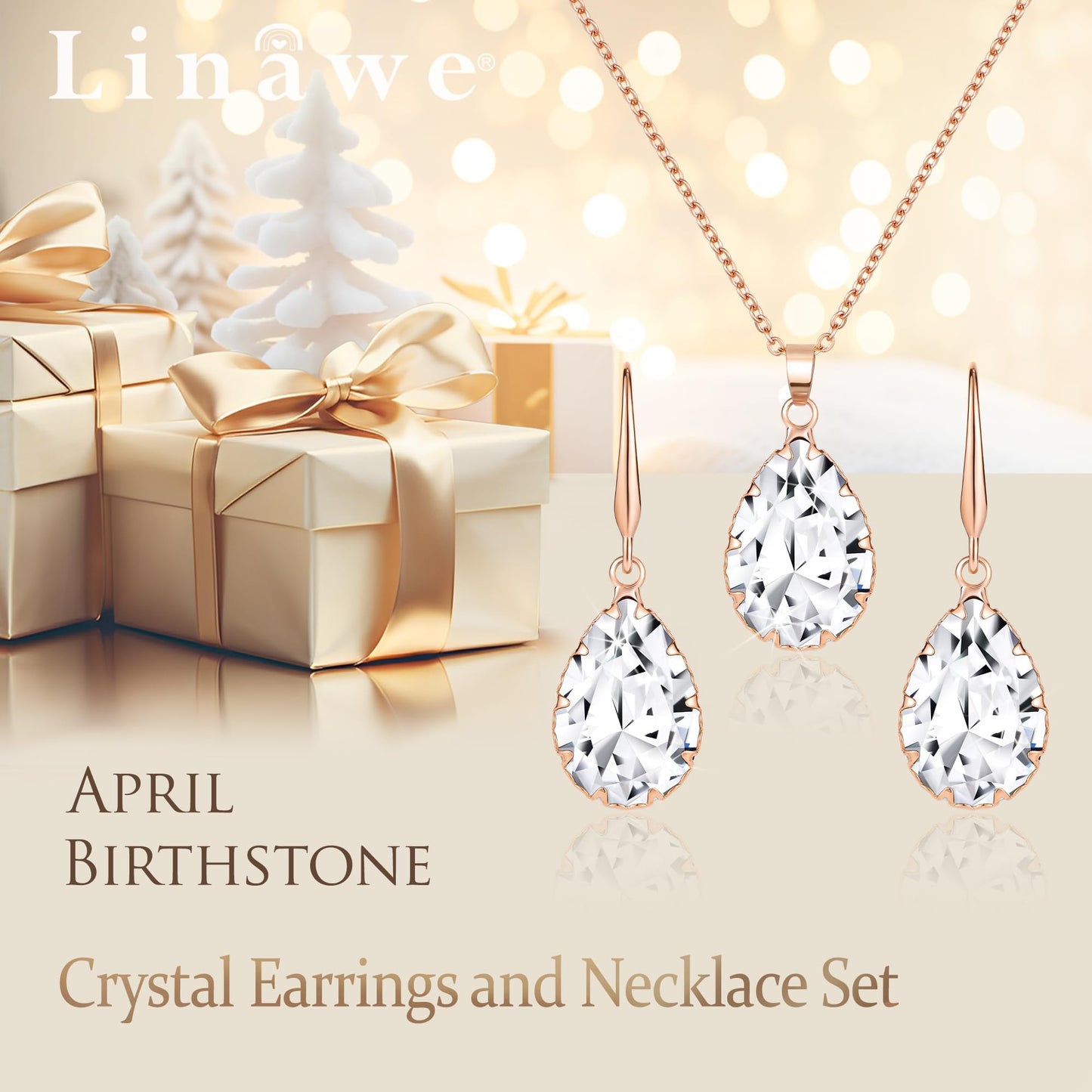 Linawe Rose Gold Wedding Jewelry Sets for Brides Bridesmaid, Crystal Imitation Diamond Pendant Necklace Set, Rhinestone Drop Dangle Earring Set, Cubic Zirconia Birthstone Teardrop Matching Jewelry