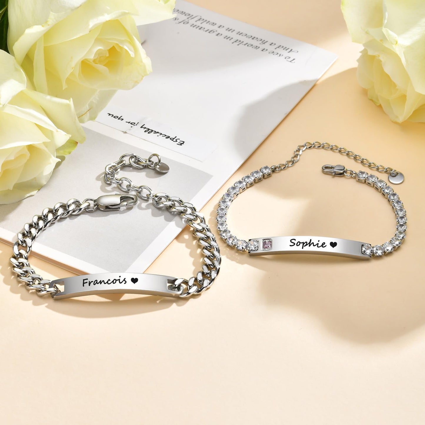 Personalized Matching Bracelet for Couple - Custom Engraving Couple Bracelets,Stainless Steel Long Distance Relationship Jewelry,Promise Bracelets for Him/Her,Valentine's Day Anniversary Birthday Gift