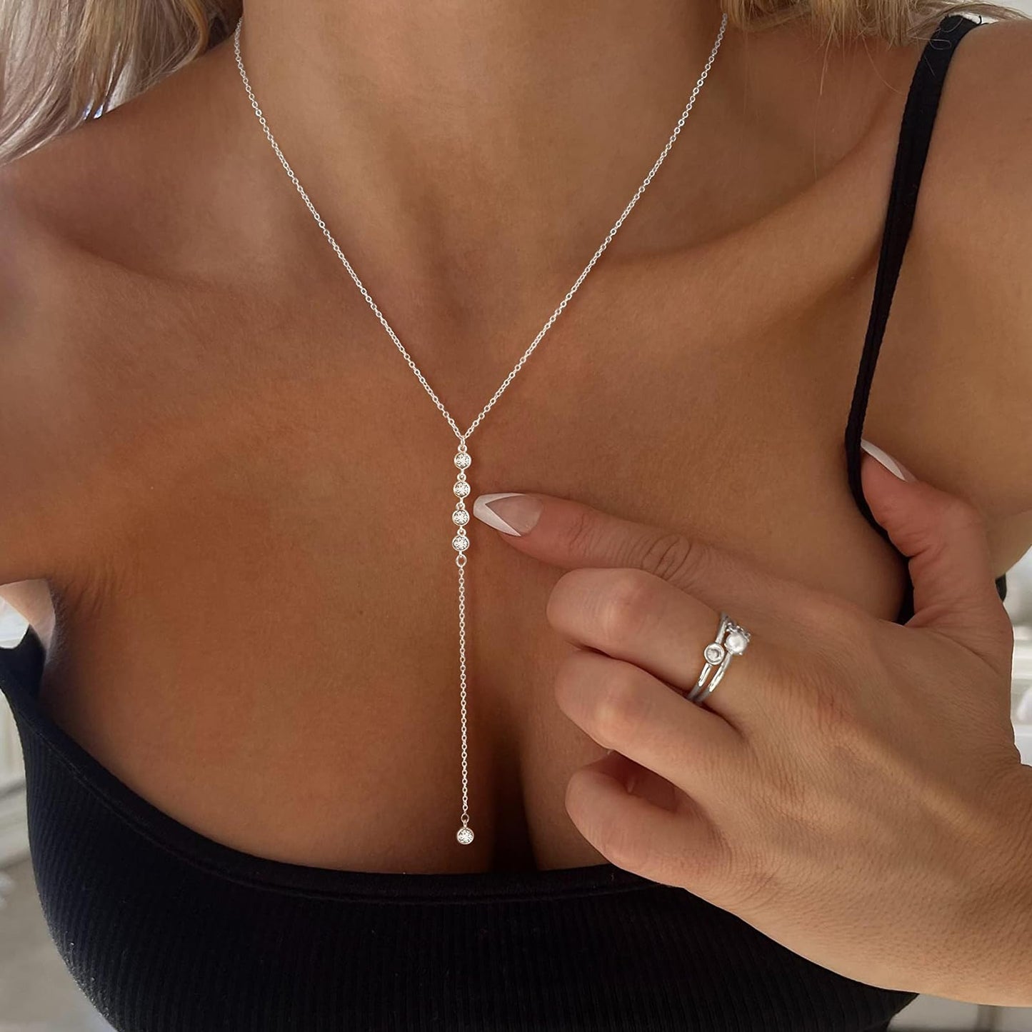 Luxval Long Silver Necklace for Women Trendy Dainty Silver Plated Drop Lariat Necklace Simple CZ Y-Shaped Body Chain Wedding Prom Statement Necklace Jewelry Gifts