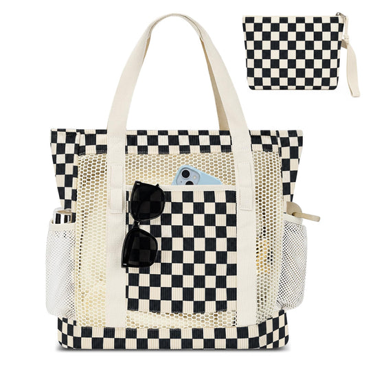 MIAOJIE Mesh Beach Tote Bags for Women Corduroy Tote Bag Sandproof Mesh Beach Bag With Zipper Pocket Pool Bag for Weekender Travel Cruise Swim -Black Plaid