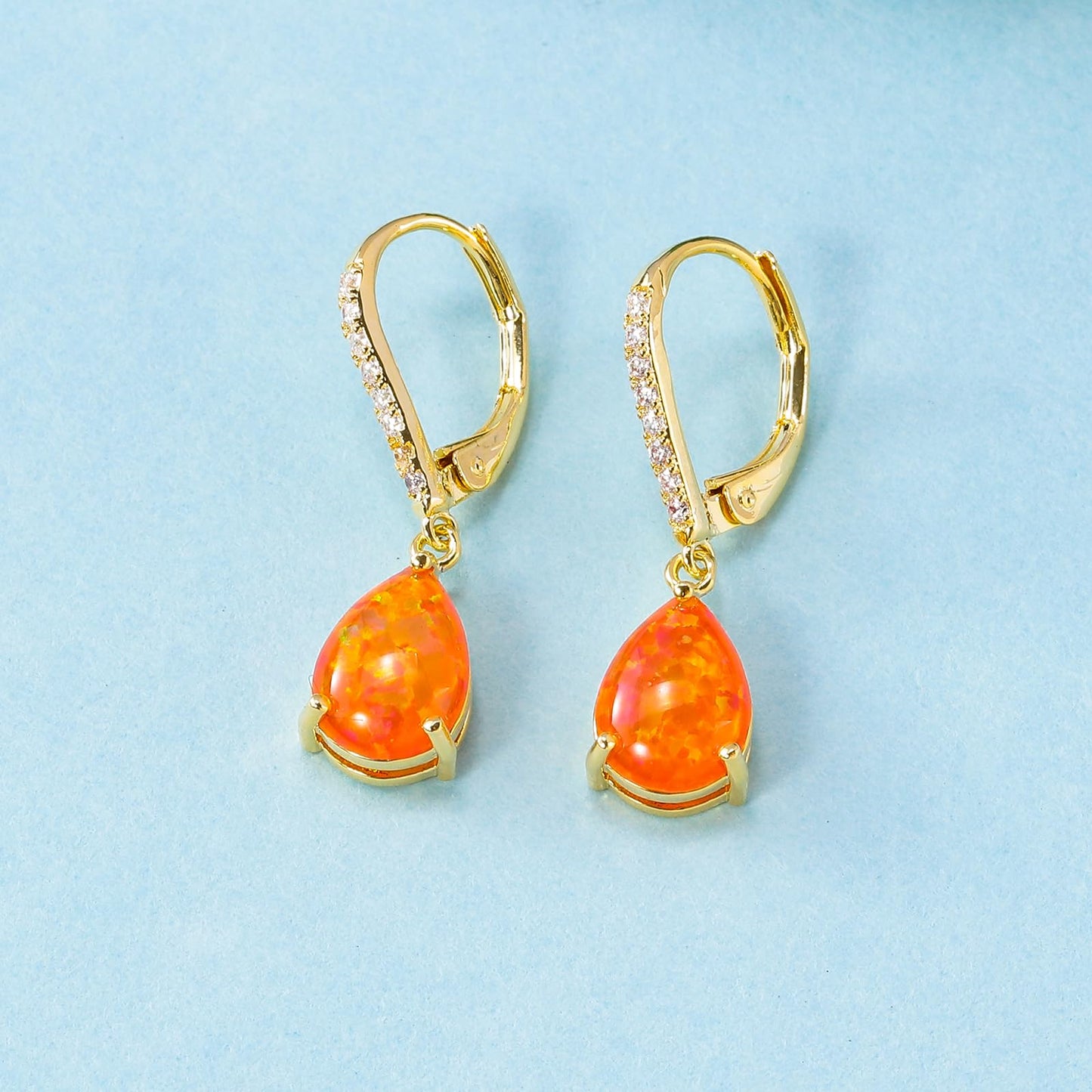 Leverback Orange Opal Dangle Earrings 14k Yellow Gold Plated Drop Earrings for Women Teardrop Earrings Elegant Jewelry Gifts for Mothers Day Birthday Party