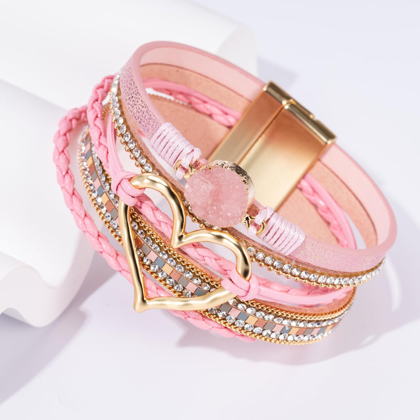 Becklynn Boho Leather Wrap Bracelets Beaded Crystal Stackable Cuff Bracelet with Magnetic Clasp Cowboy Cowgirl County Concert Outfits Western Jewelry Gifts for Women(Heart Pink)