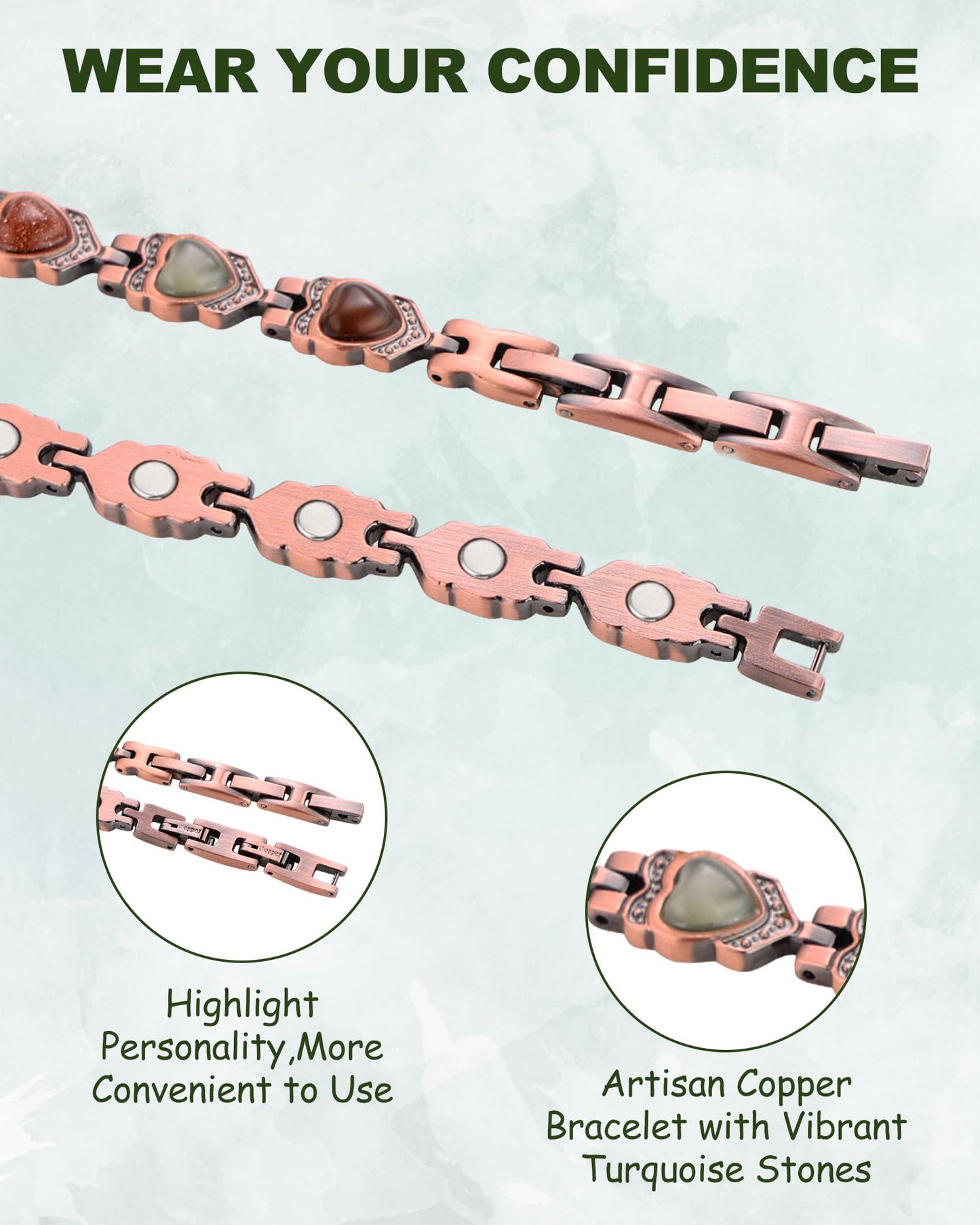 MagEnergy Copper Bracelet for Women, 99.99% Pure Copper Magnetic Bracelets with 3500 Gauss Magnets, Natural Turquoise & Stones, Adjustable, Jewelry Gift