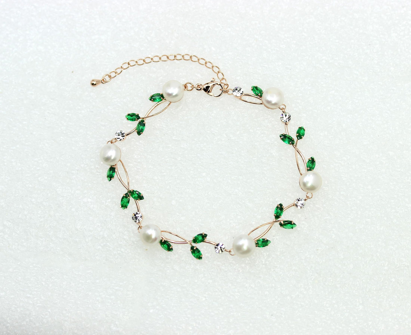 Faship Green CZ Crystal Genuine Freshwater Pearls Floral Bracelet 7.5" - 9.5" - Green/Rose Gold Plated/Matching Bracelet
