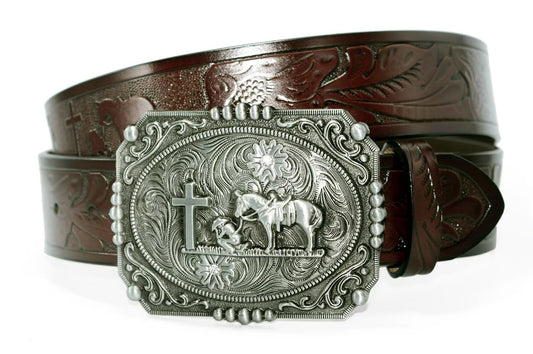 Moranse Western Cowboy Horse & Bull Style Buckle And Genuine Cow Leather Belts