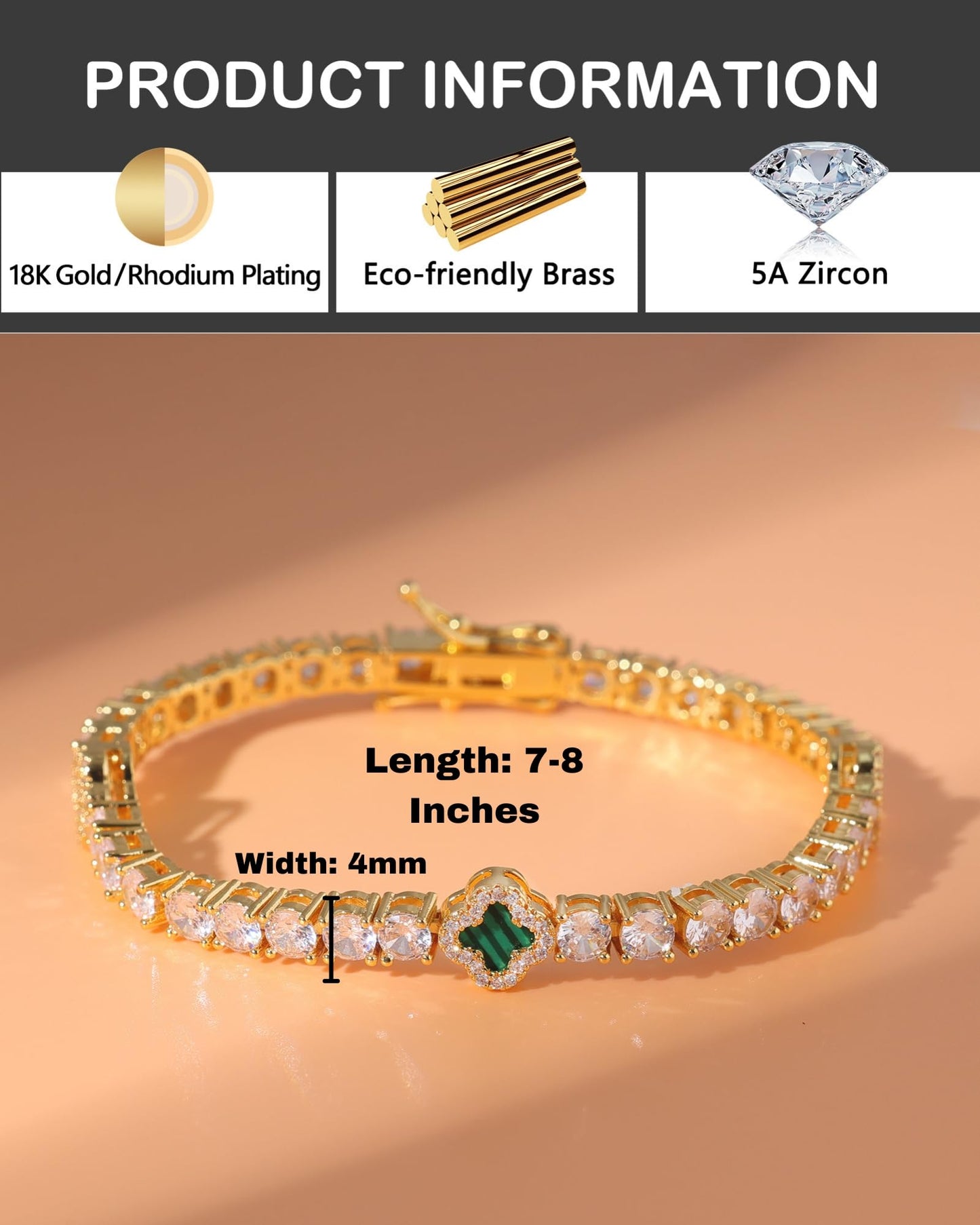 LuxeFlex 4mm Iced Out Clover Tennis Bracelet, White Gold Plated with 5A Zircon Stones, Handmade exquisite Hip Hop Jewelry, Perfect Unisex Gift (Gold-Green,7)