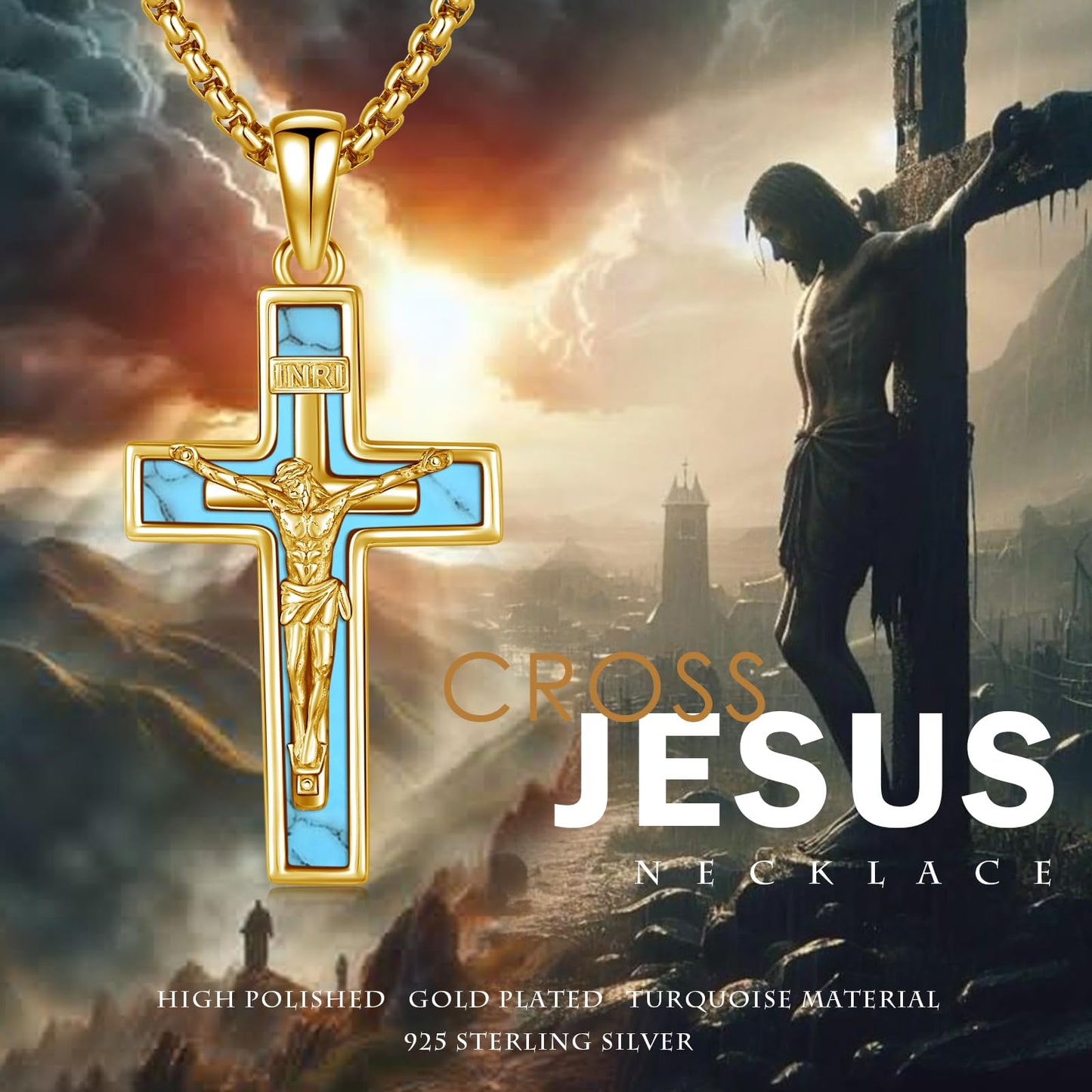 YEESIA Cross Necklace for Women Men 925 Sterling Silver Gold Jesus Crucifix Pendant Necklace with Turquoise Cross Jewelry Gift for Women Men