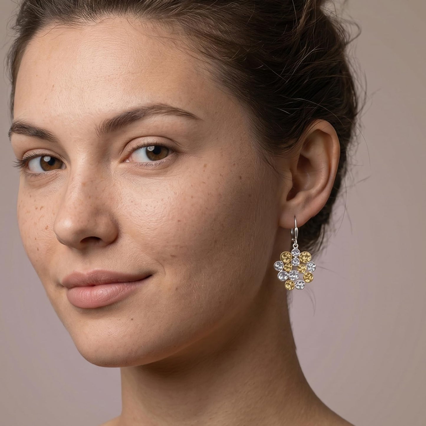 LeCalla 925 Sterling Silver Hammered Earrings for Women | Two-Tone Hammered Disc Cluster Drop Earrings | Gold & Silver Finish Leverback Earring | Textured Jewelry for Everyday & Party Wear 37MM