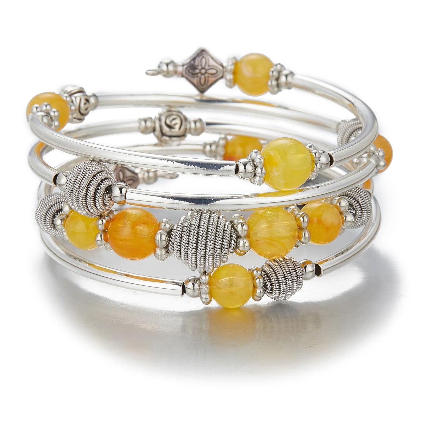 PEARL&CLUB Beaded Chakra Bangle Turquoise Bracelet - Fashion Jewelry Wrap Bracelet with Thick Silver Metal and Mala Beads, Birthday Gifts For Women(Yellow)