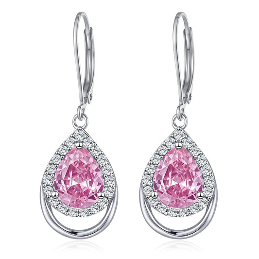 Pink Earrings for Women Sterling Silver Hot Pink Birthstone Teardrop Dangle Drop Jewellry Wedding Engagement Christmas Gifts for Women Her Wife fiancée
