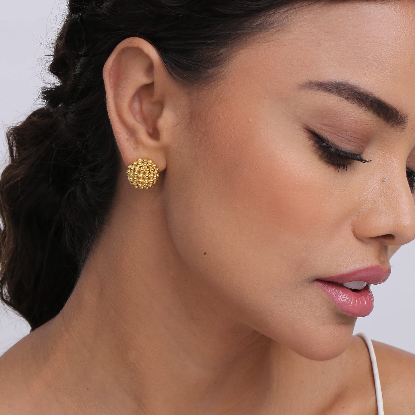 LeCalla 925 Sterling Silver Omega Back Earrings Jewelry Large 14K Gold Plated Crossover Round Beaded Omega Clip Back Stud Earring for Women - 15MM