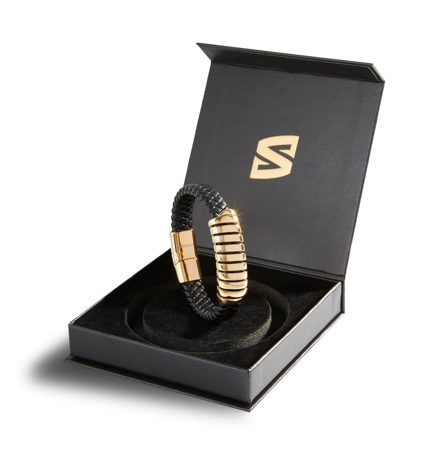 SERASAR Pulsera de oro para hombre 17cm con caja regalo hombre, trenzas piel vaca, cierre magnetico ajustable, joyero multicapa, joyeria cuerda magnetica masculina