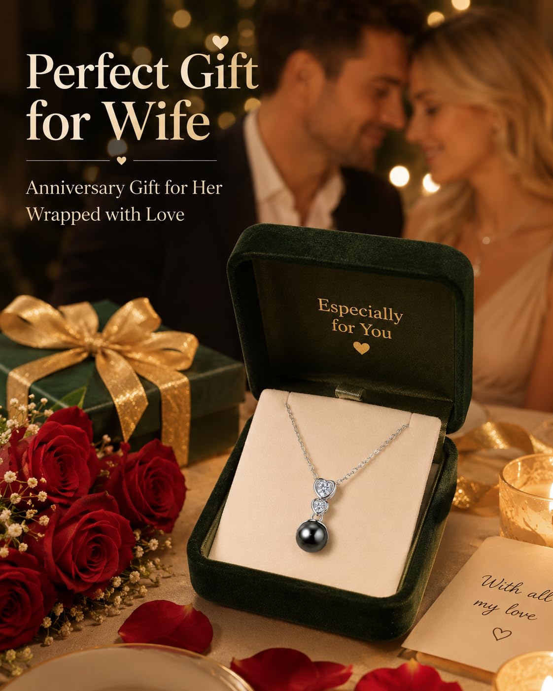 NONNYL Birthday Gift for Women Wife Natural Tahitian Black Pearl Necklace 8-9mm | 18K Gold Plated S925 Sterling Silver Luxury Jewelry Gift for Women | Anniversary Mom Wife Girlfriend Necklace