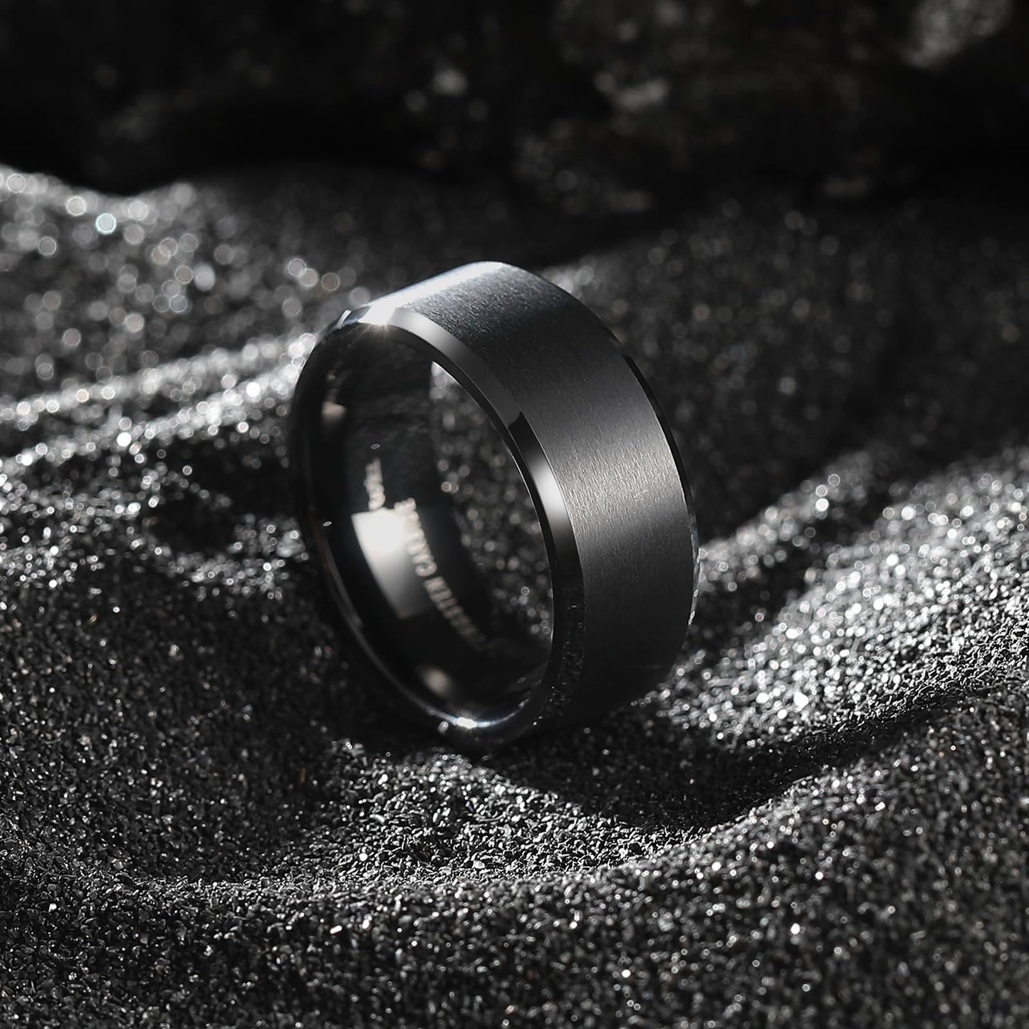 King Will 8mm Men's Black Wedding Ring - Brushed Matte Surface, Beveled Polished Edge, Comfort Fit Size 15