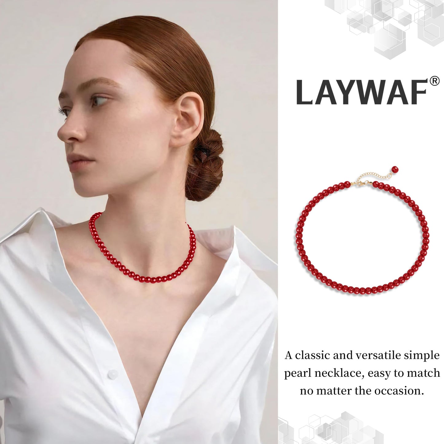 LAYWAF Carnelian Red Imitation Pearl Necklace for Women, Fake Pearl Choker Mom Necklace, Dainty 8MM Beaded Necklace, Simple Faux Pearl Accessories Costume Jewelry