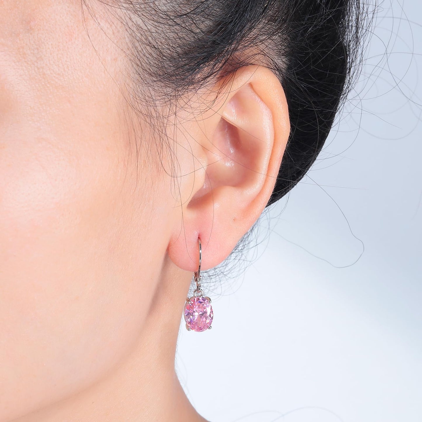 CiNily Cut-Oval Leverback Dangle Earrings for Women Pink Cubic Zircon 14k White Gold Plated Hypoallergenic Hanging Lever Earrings Lightweight Summer Drop Earrings