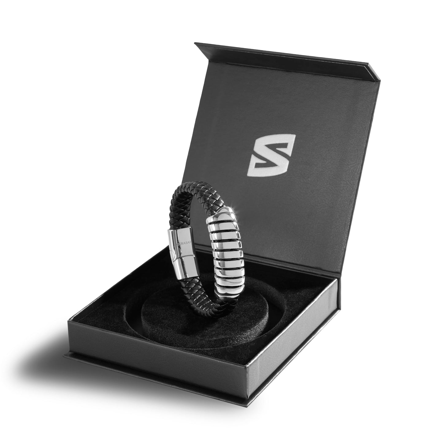 SERASAR Mens Leather Bracelet 17cm Silver Presents Men Gift Box Cowhide Braided Magnetic Clasp Multi Layer Wrap Rope Mans Male Bracelets Band Jewelry Magnet Accessories