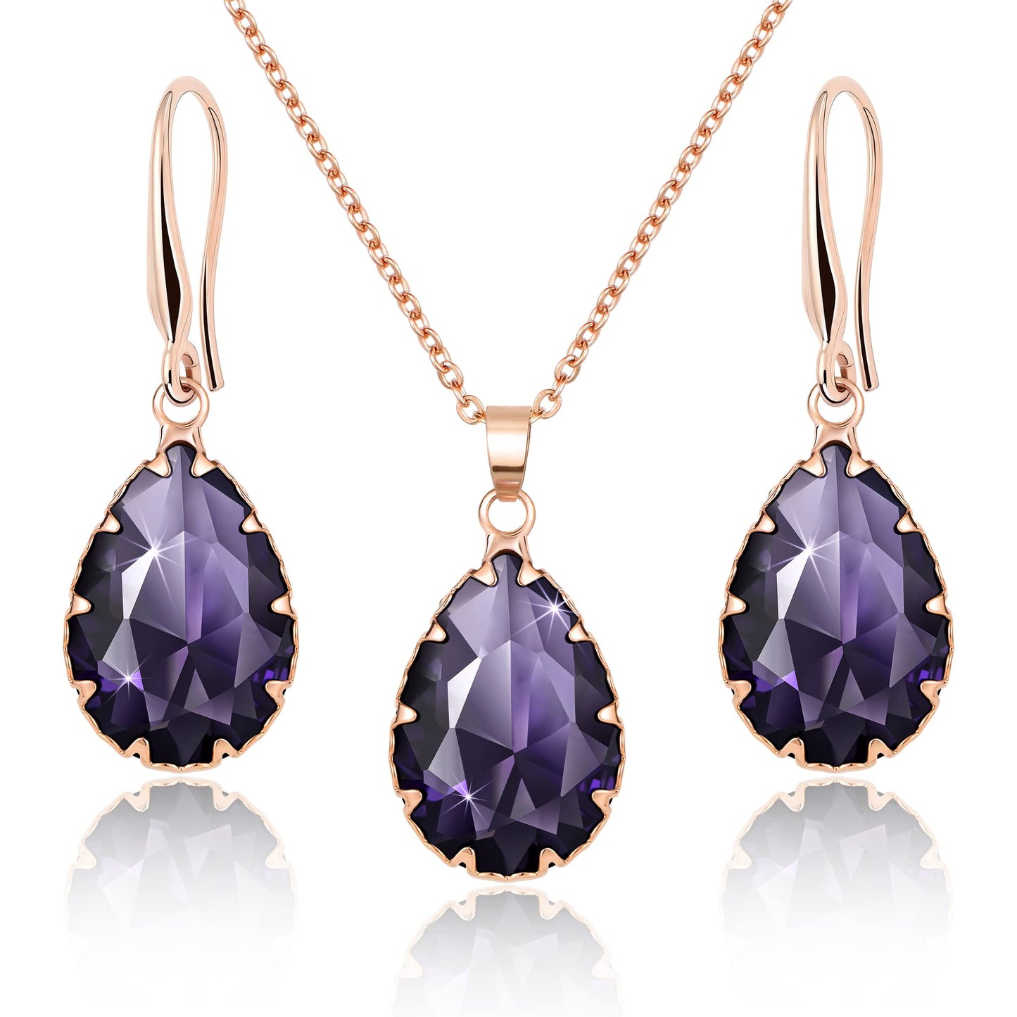 Linawe Amethyst Crystal Rose Gold Jewelry Sets, Purple Pendant Necklace, Lavender Imitation Diamond Rhinestone Dangle Earrings, Boho Wedding Set Teardrop Cubic Zirconia Birthstone