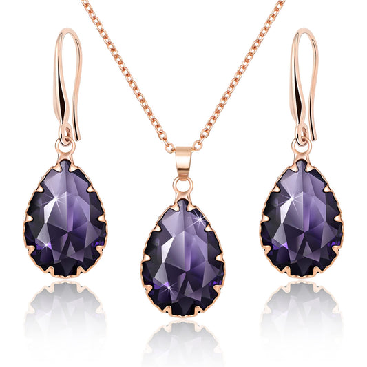 Linawe Amethyst Crystal Rose Gold Jewelry Sets, Purple Pendant Necklace, Lavender Imitation Diamond Rhinestone Dangle Earrings, Boho Wedding Set Teardrop Cubic Zirconia Birthstone