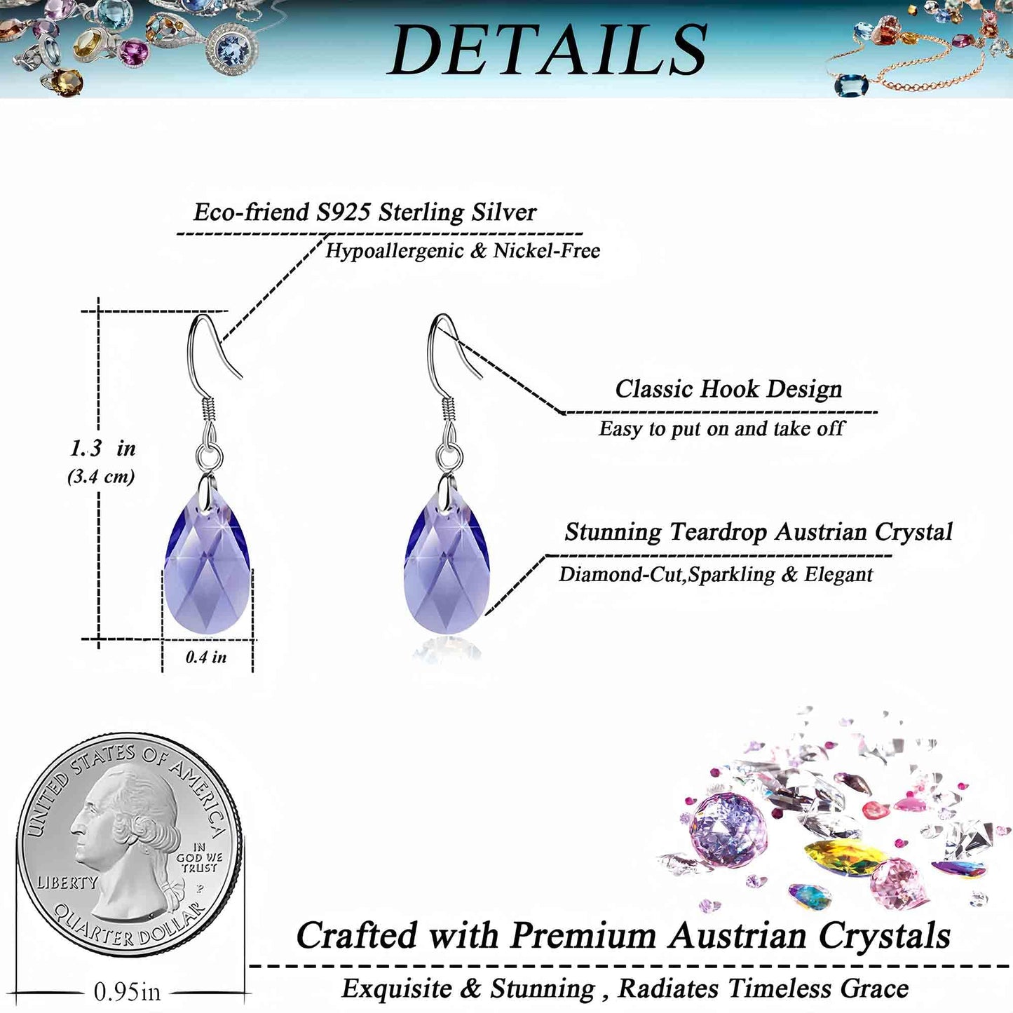 Teardrop Austrian Crystal Drop Dangle Earrings for Women 925 Sterling Silver Hook Hypoallergenic Earring (Tanzanite)