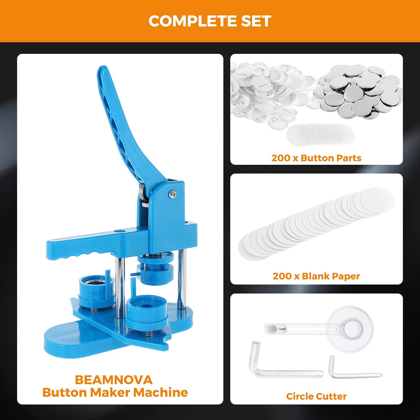 BEAMNOVA 32mm / 1.26 in (About 1-1/4 Inch) Button Maker Machine with 200 Sets of Button Supplies Blanks, Rotary Style, Complete Hand Press Pin Making Set, Round Paper Cutter, 200 Blank Paper Sheets