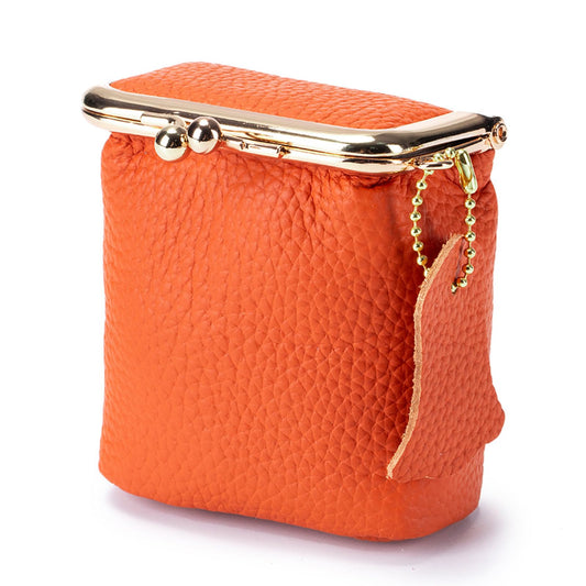Litchi Leather Coin Purse for Women, Portable Vintage Wallet Mini Lipstick Holder Fashion Solid Color Kiss Lock Key Storage Square Pouch (Orange)