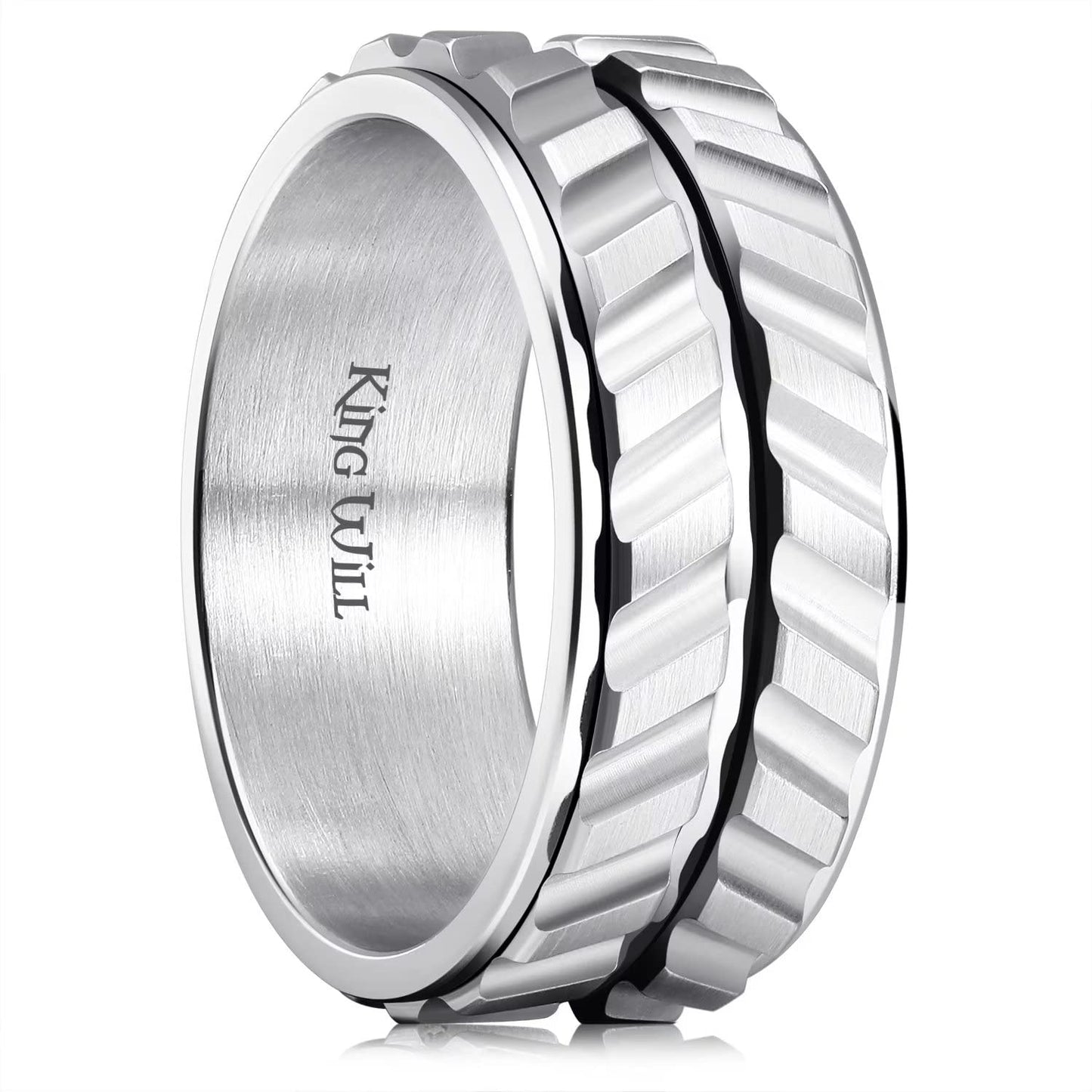 King Will Mens Silver 8mm Spinner Rings Tire Thread Stainless Steel Groove Anxiety Fidget Ring for Men 8