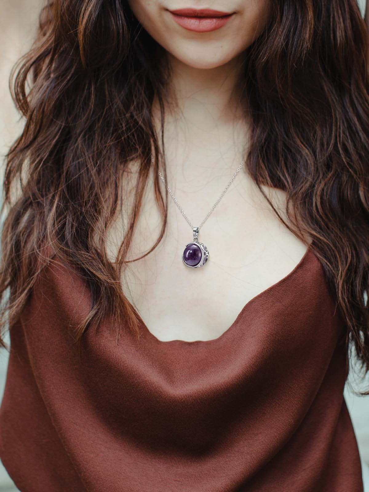 Top Plaza Amethyst Healing Crystal Stone Necklace Round Ball Rotating Natural Gemstone Pendant Necklace for Women Purple Energy Jewelry Christmas Gifts