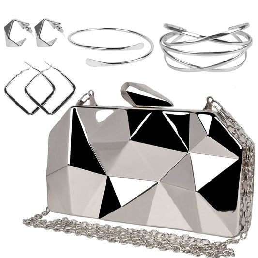 Women's Silvery Lattice Clutch Purses - Geometric Lattice Metal Evening Bag Golden Stone Cut Purse