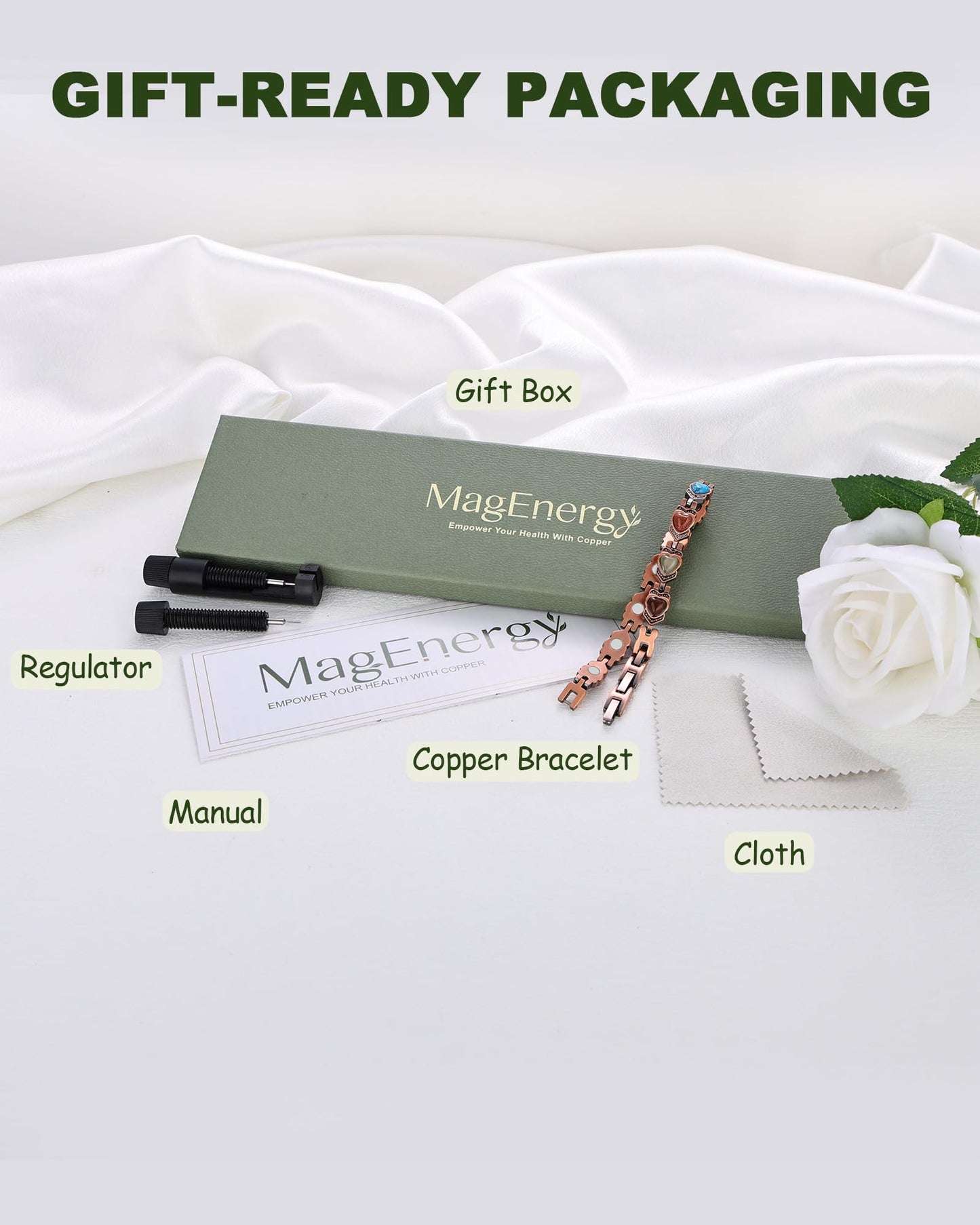 MagEnergy Copper Bracelet for Women, 99.99% Pure Copper Magnetic Bracelets with 3500 Gauss Magnets, Natural Turquoise & Stones, Adjustable, Jewelry Gift