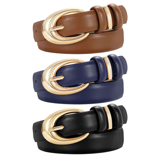 TRIWORKS 3 Pack Women Leather Belt for Jeans Pants Fashion Ladies Faux Leather Belt with Gold Buckle