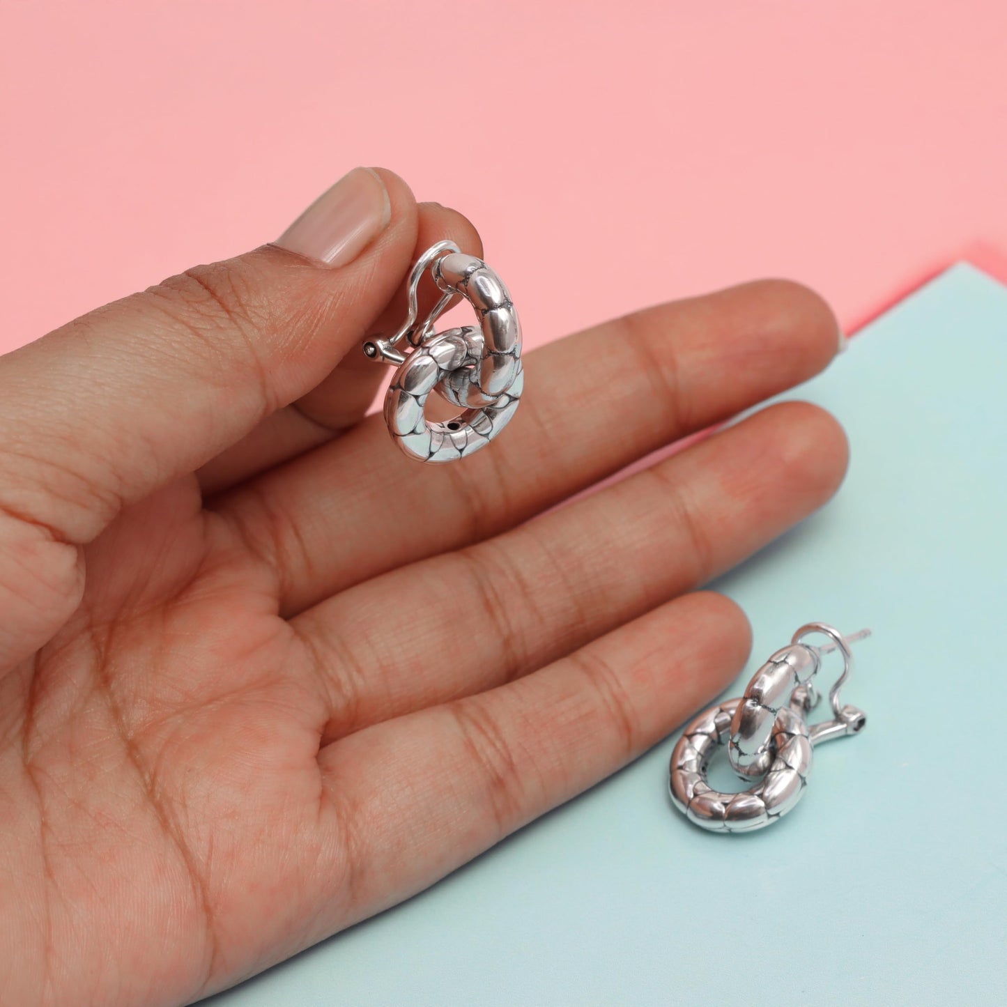 LeCalla 925 Sterling Silver Omega Back Earrings Antique Small Detachable Double Hoop Earrings Door Knocker Earring with Omega Clip-On Closure for Women 25 MM