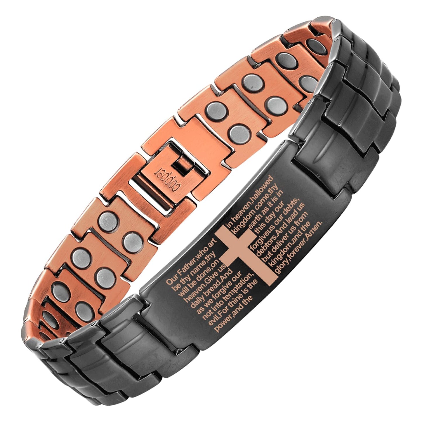 MagEnergy Copper Cross Bracelet for Men - Ultra Strength Magnetic Copper Mens Cross Bracelets - Adjustable Copper Bracelet with Sizing Tool Jewelry Box(Black)