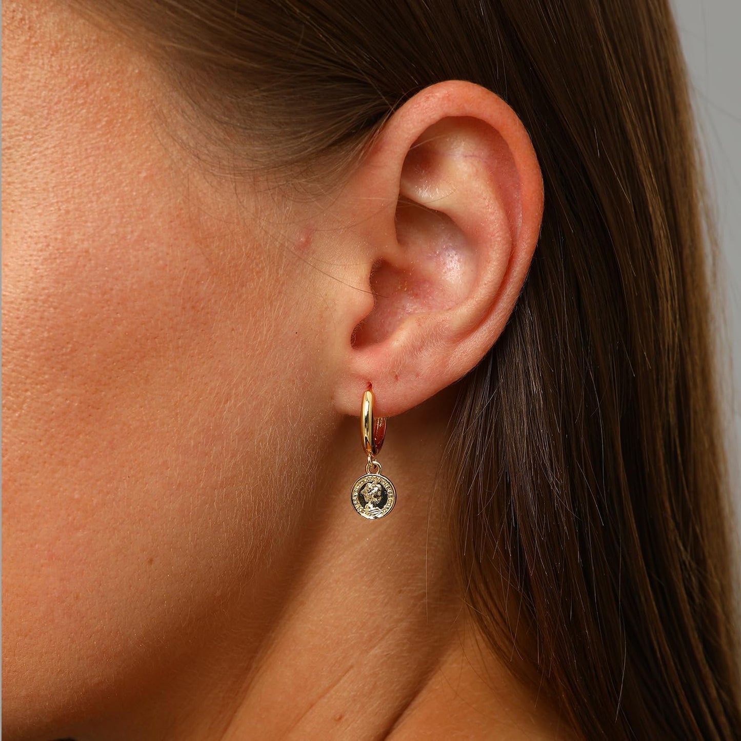 Small Hoop Coin Dangle Drop Hoop Earrings With Small Charm for Women Fashion 18K Yellow Gold Plated Vintage Elegant Dangling Jewelry
