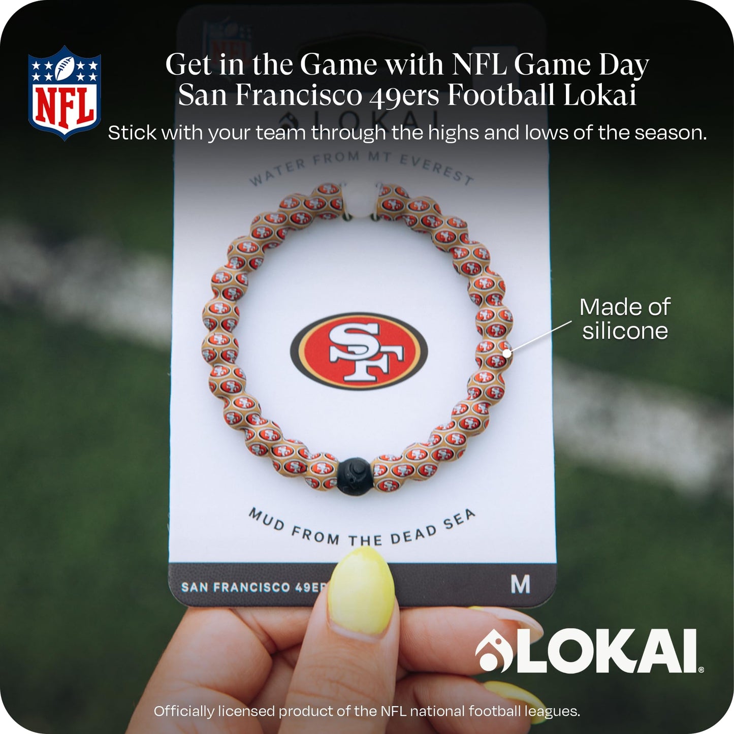 Lokai Silicone Beaded Bracelet for Men & Women, NFL Football Collection - San Francisco 49ers, Logo, Medium - Silicone Jewelry Fashion Bracelet Slides-On for Comfortable Fit