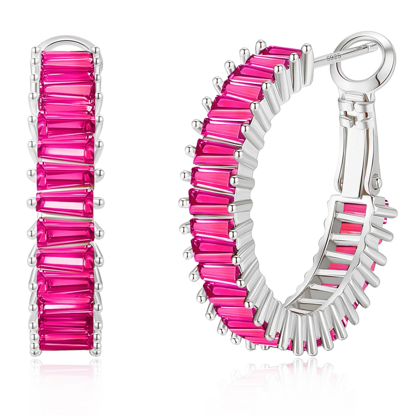 GLOQUAT Hot Pink Earrings for Women Fuchsia Earring Silver Plated Cubic Zirconia Hoops Fashion Baguette Hoop Earring Womens Stacks Hoop Women Rose Pink Rhinestone Hypoallergenic Jewelry Gift
