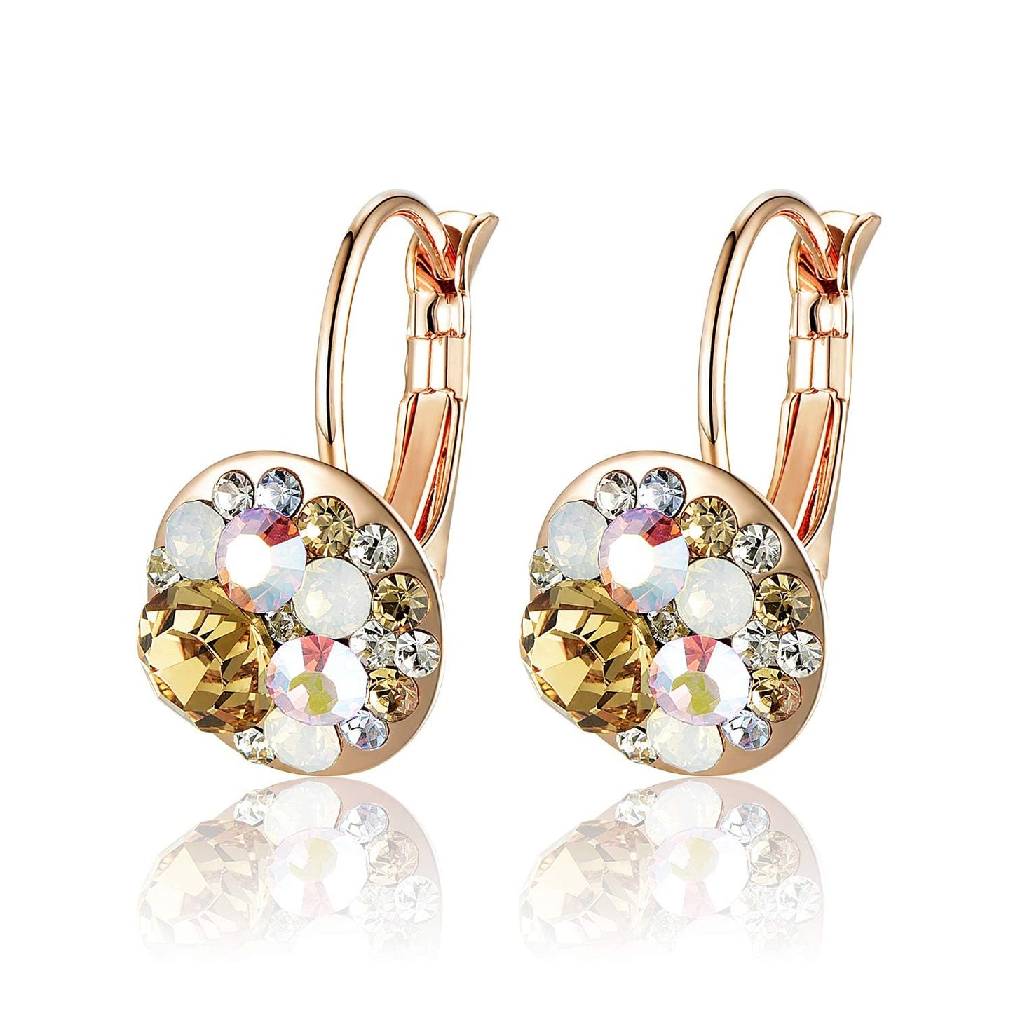 Multicolored Austrian Crystal Drop Earrings for Women 14K Gold Plated Hypoallergenic Leverback Dangle Earrings (Yellow Main Crystal/Rose Gold-tone)