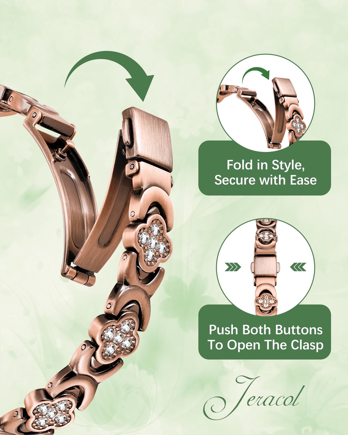 Jeracol 99% Pure Copper Bracelet, Copper Magnetic Bracelet & Ring for Women with Ultra Strength Neodymium Magnets, Clover Jewelry with Sparkling Cubic Zirconia