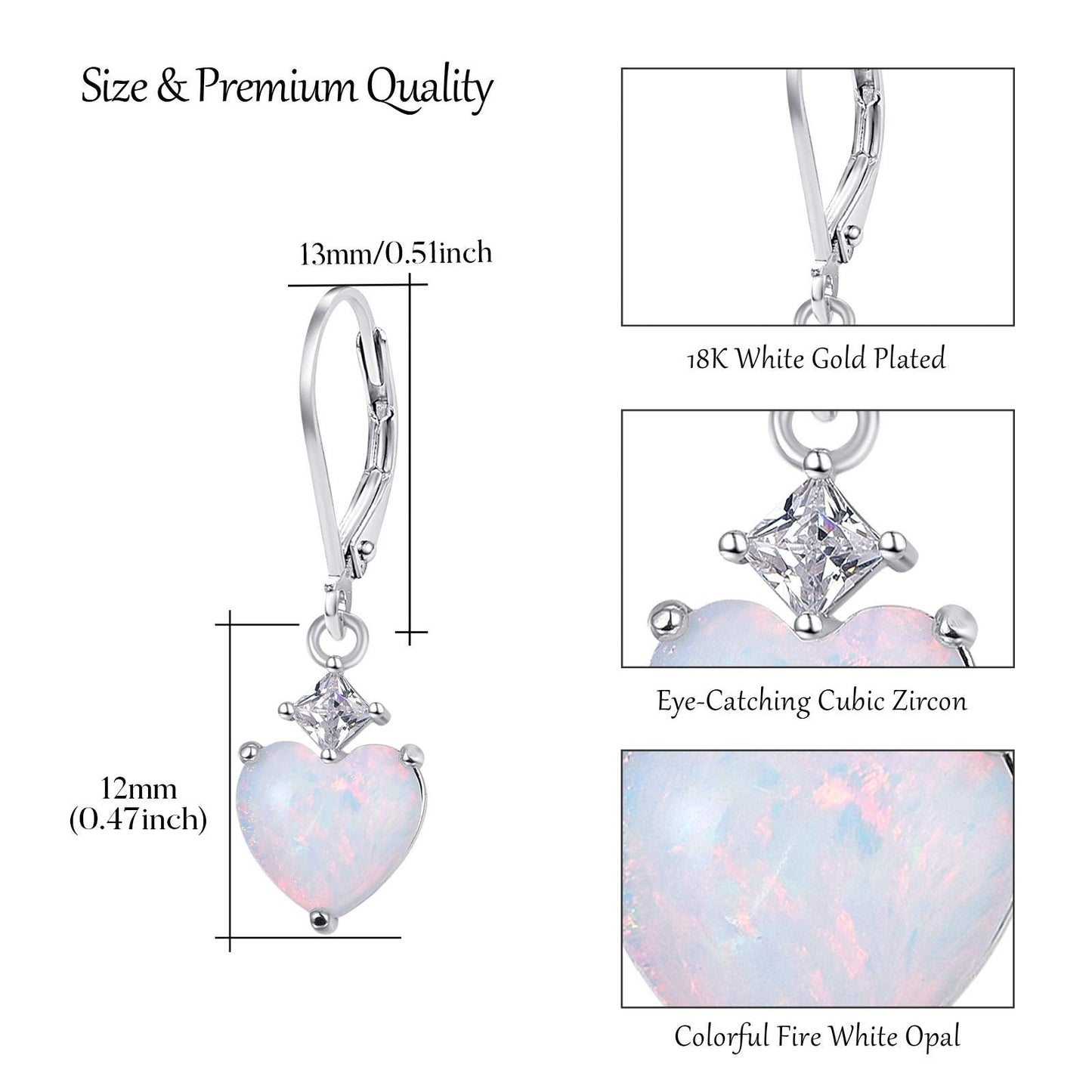 Opal Jewelry, Heart Shape Leverback Drop Dangly Earrings, 925 Sterling Silver Hypoallegenic for Sensitive Ears, Mother's Day for Women Girlfriend with Gift Box