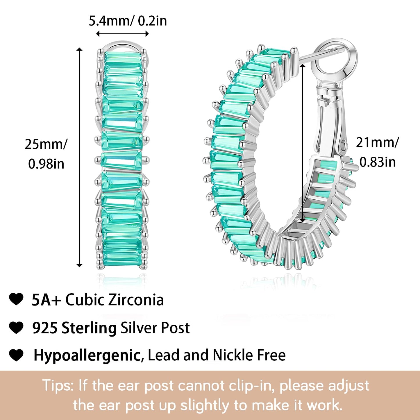 GLOQUAT Gold Lake Blue Hoop Earrings Silver Plated Teal Aqua Blue Earring for Women Vintage Baguette Cubic Zirconia Earring Fashion Round Circle Rhinestone Hoops for Women 925 Silver Post Jewelry 25mm