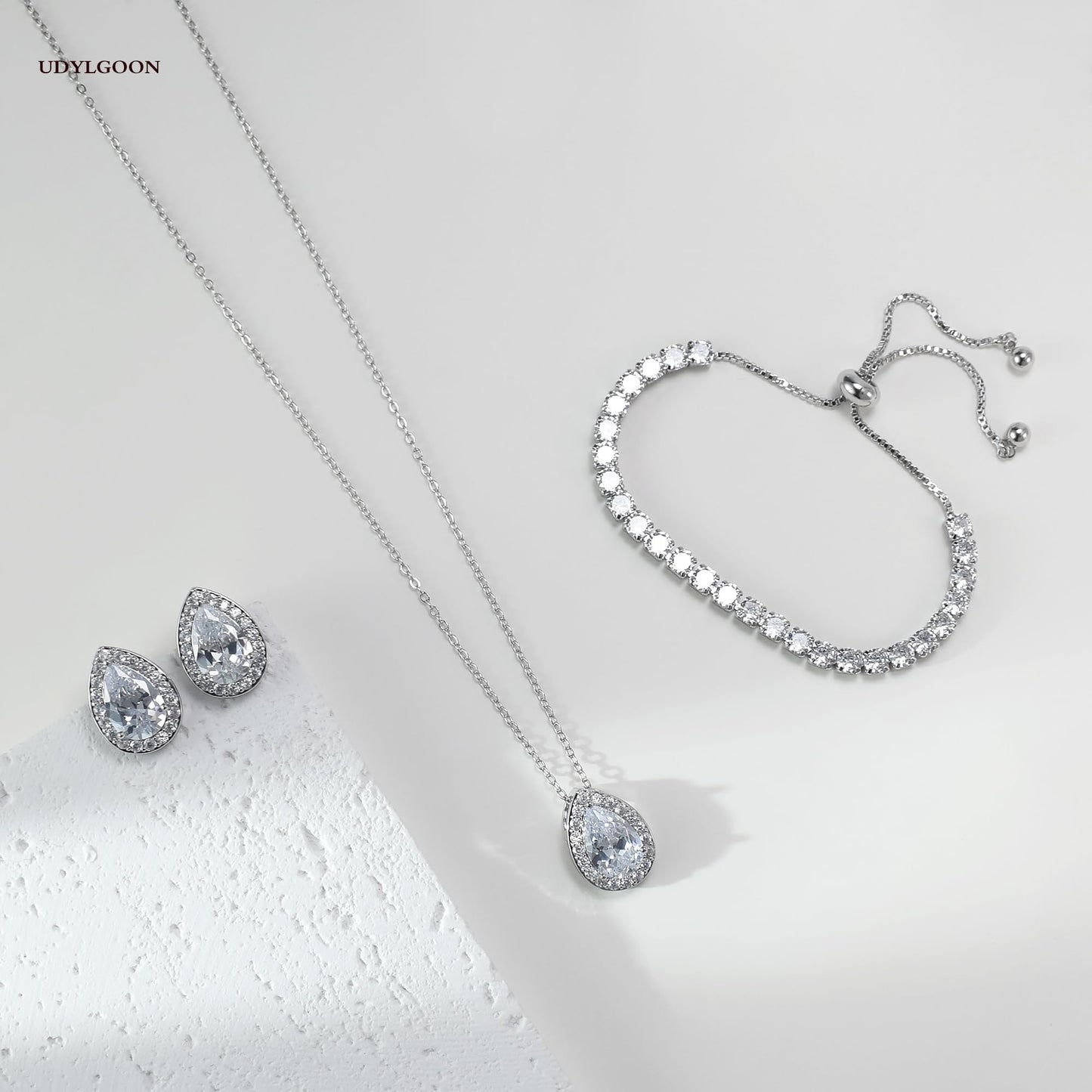 UDYLGOON Teardrop CZ Bridal Jewelry Set Imitation Diamond Earrings Necklace Bracelet for Bride Bridesmaids Wedding Prom Party (Tennis-Clear)