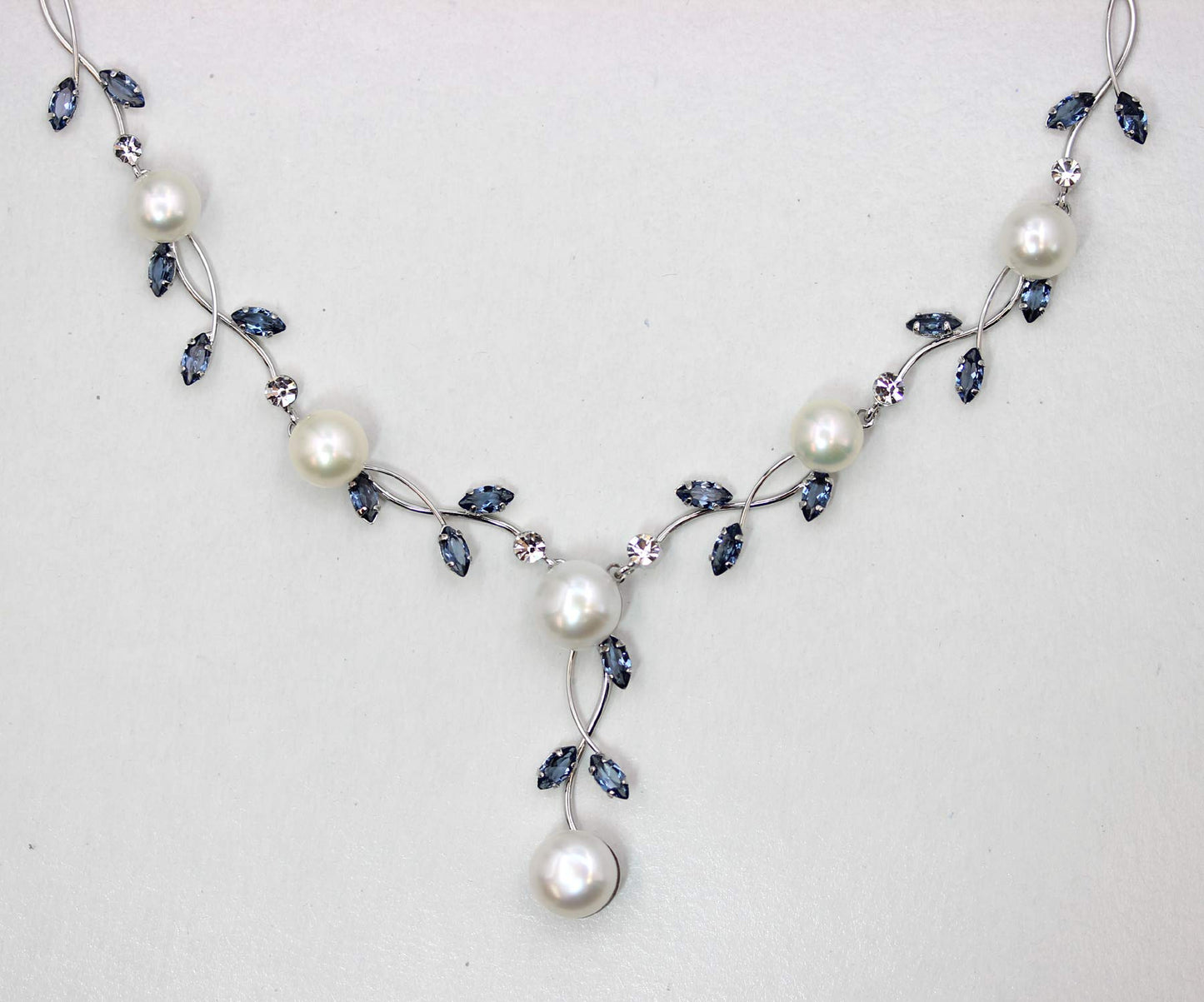 Faship Gorgeous Navy Blue CZ Crystal Genuine Freshwater Pearls Floral Necklace Earrings Set - Navy Blue