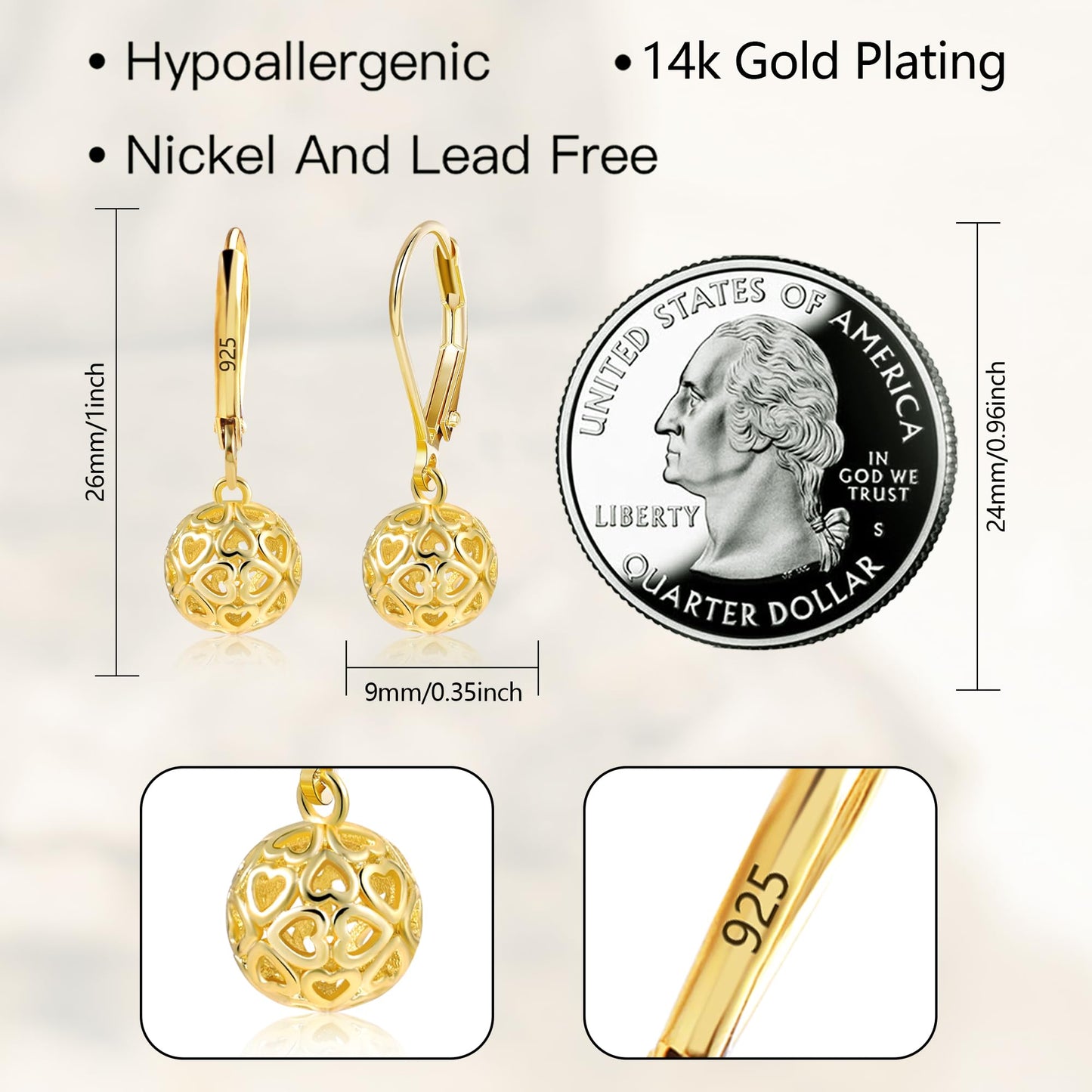 LANCHARMED 14K Gold Ball Dangle Drop Earrings for Women, 925 Sterling Silver Trendy French Style Heart Leverback Earrings Hypoallergenic Jewelry
