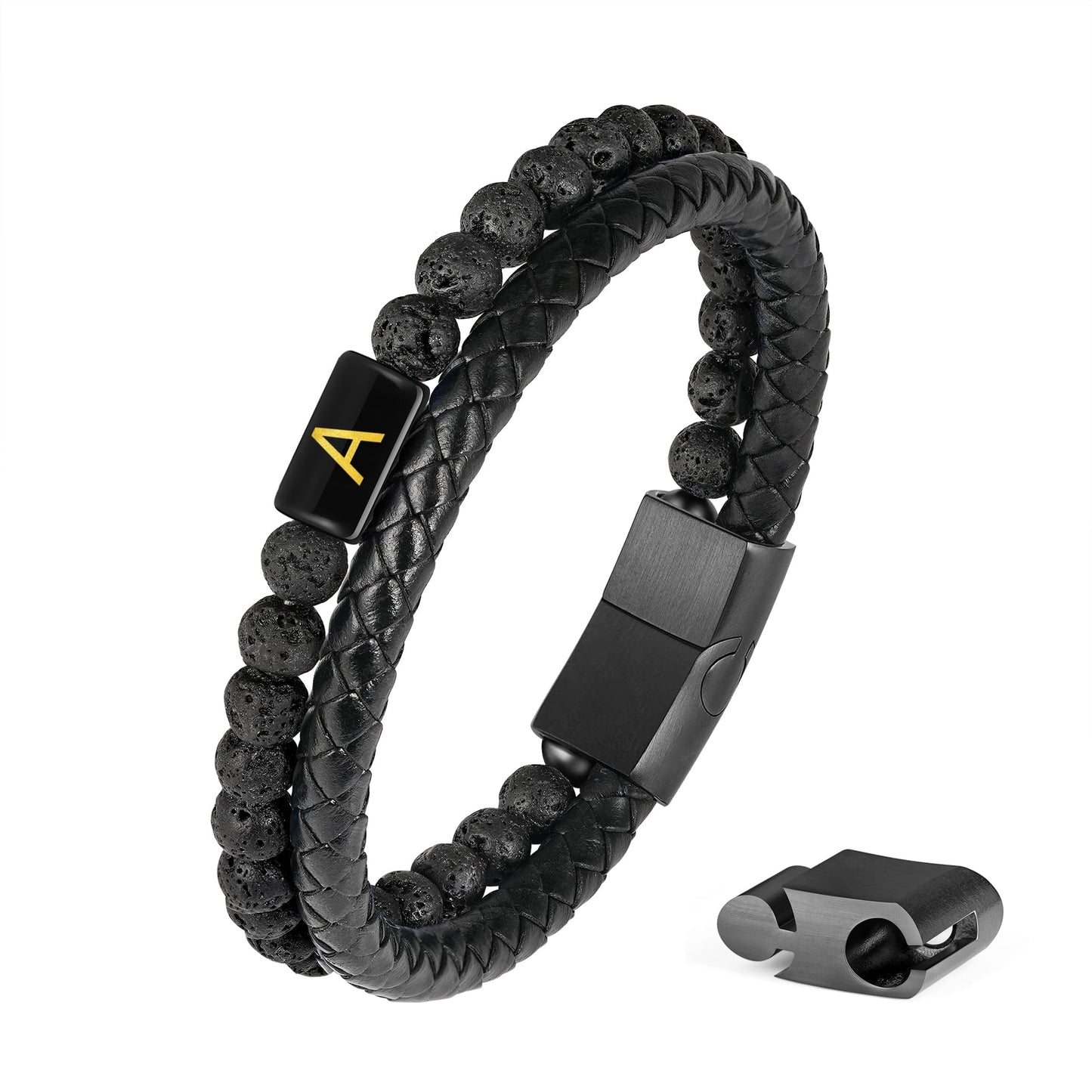 FOCOOG Gifts for Men Bracelet - Mens Gift Black Leather Bracelets for Men with Initial Lava Rock Bead Magnetic Clasp Leather Men's Initial A Bracelet for Men's Jewelry Mens Gifts for Dad Husband