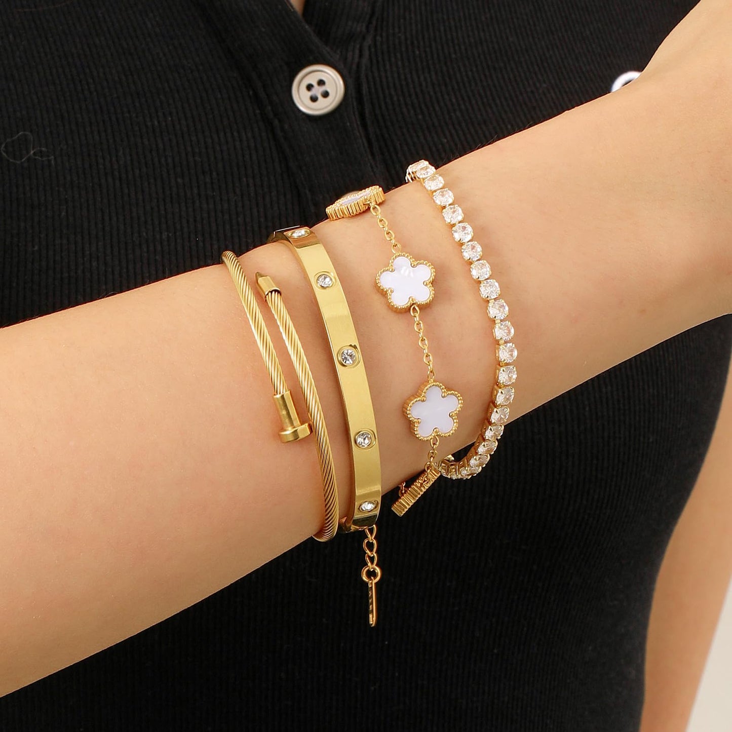 MEIERYA 18K Gold Plated Womens Stackable Floral Bracelets Set,Twisted Cable Bangle,Trendy Jewelry,Waterproof adjustable bracelet,Christmas Birthday Gifts for Girlfriend or Mother. (04-Color-white)