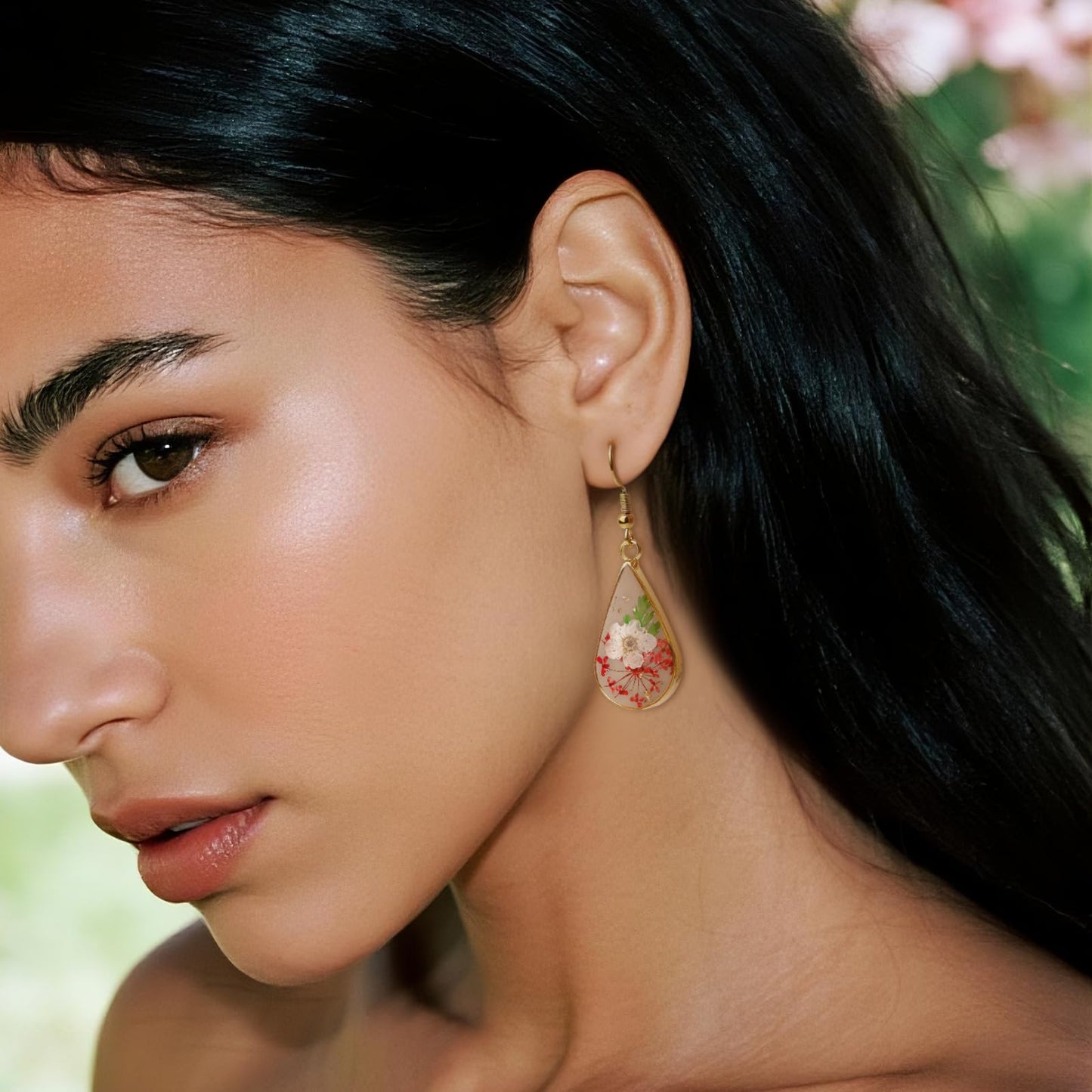 Jean Beau Handmade Pressed Flower Earrings for Women, Unique Resin Red White Dried Flowers Gold Plated Teardrop Dangle Drop Nature Floral Earings Fashion Summer Jewelry Gift
