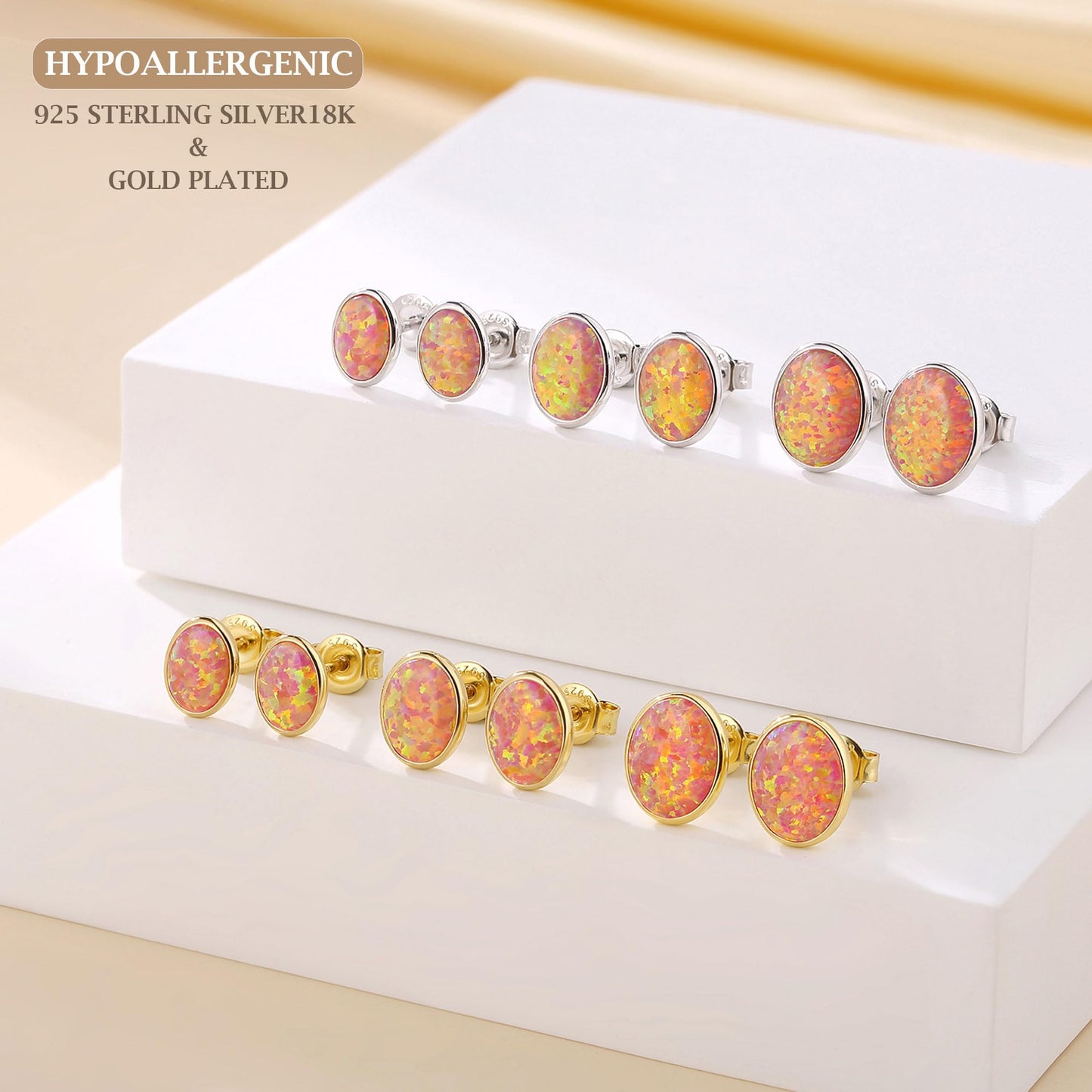 JiayangJY Silver Red Fire Opal Stud Earrings for Women 18K Yellow Gold Plated Sterling Silver Oval Shape 6mm Opal Earrings with Push Back