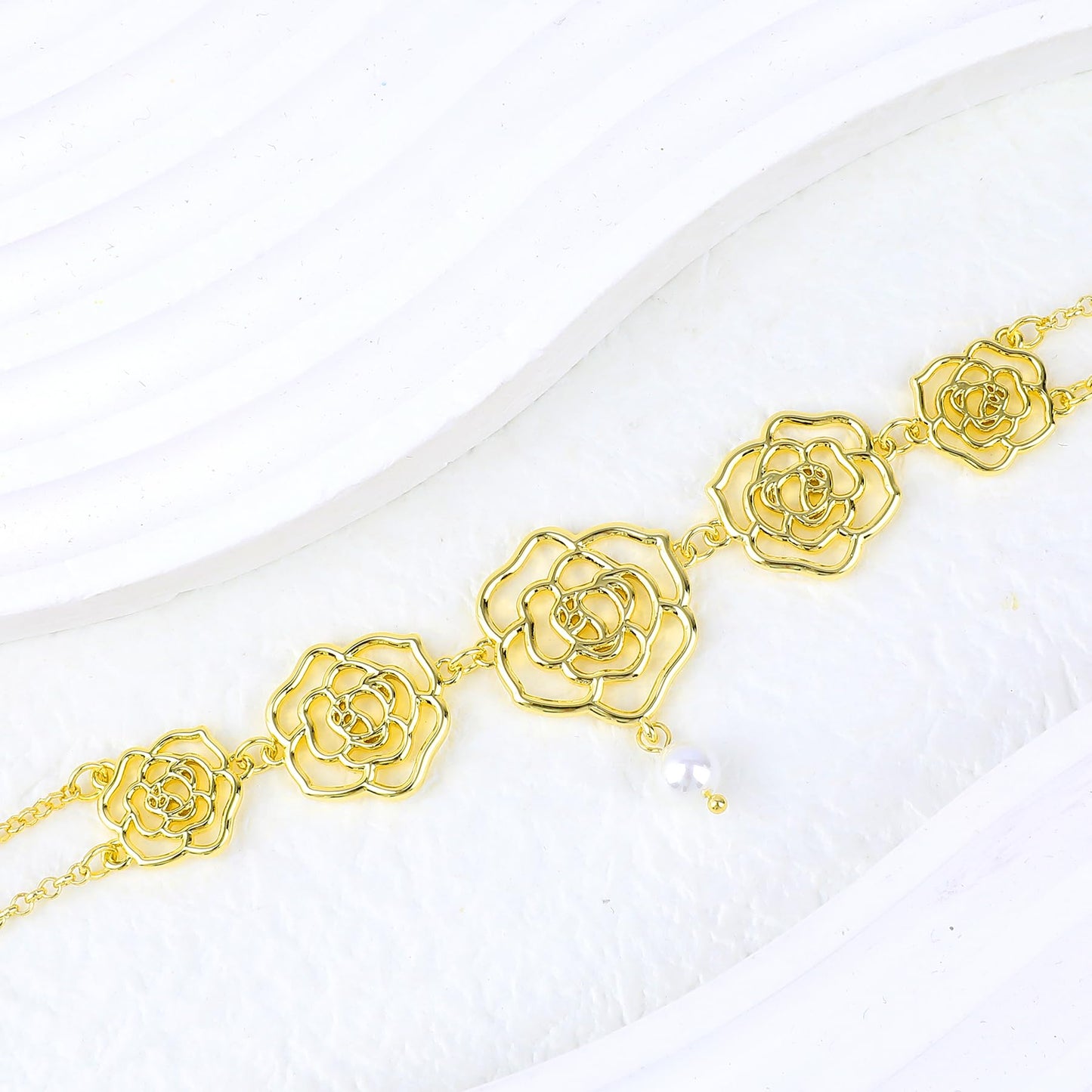Rose Charm Necklace for Women, Romantic Double Chain Necklace with Hollow Rose Design and Glass Pearl Pendant, Elegant Gifts for Weddings, Dates, and Special Occasions